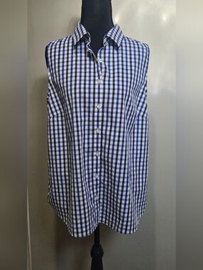 Lands' End Navy and Gray Gingham Button-Down Sleeveless Shirt 14